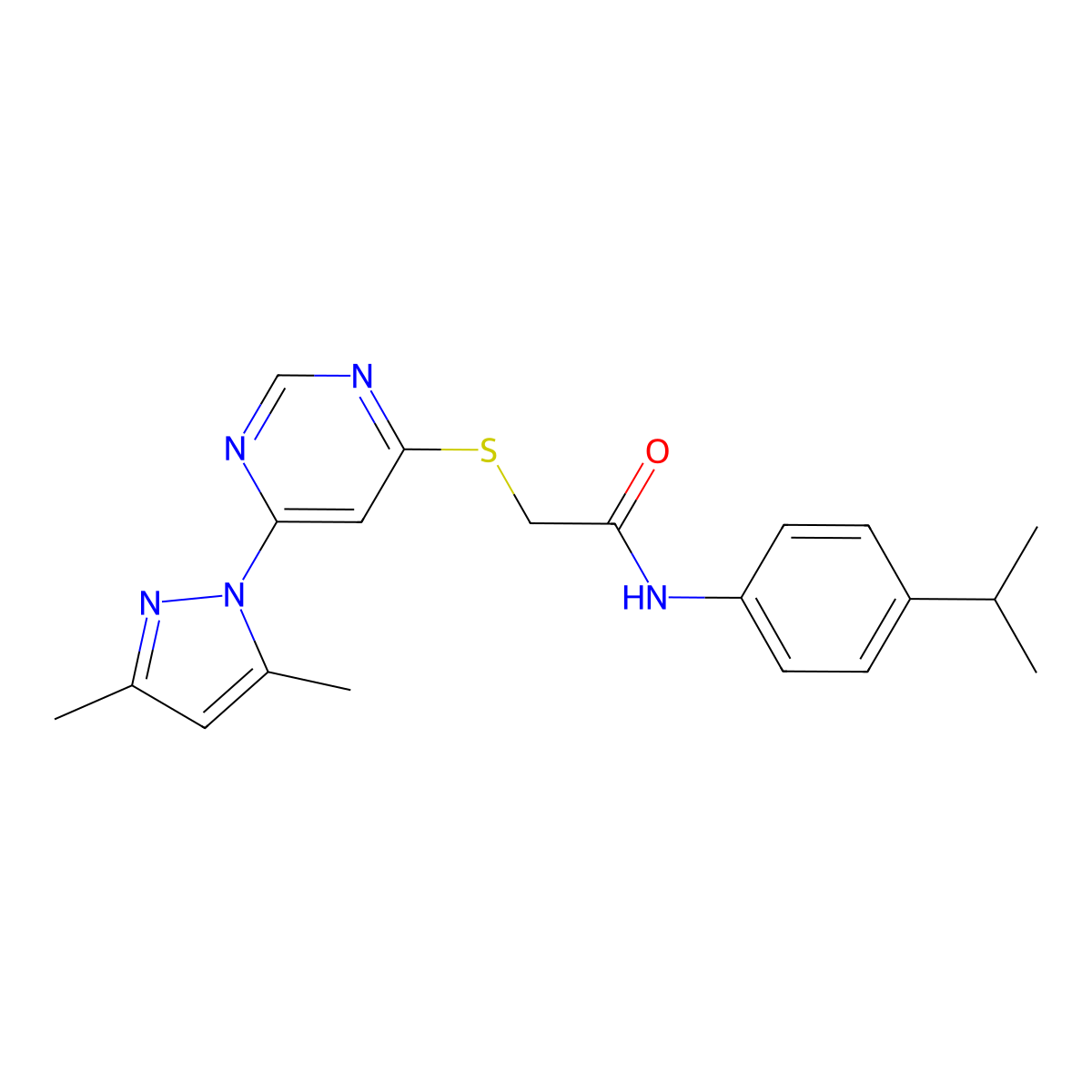 2-((6-(3,5-dimethyl-1H-pyrazol-1-yl)pyrimidin-4-yl)thio)-N-(4-isopropylphenyl)acetamide molecular structure, CAS 1251620-92-4