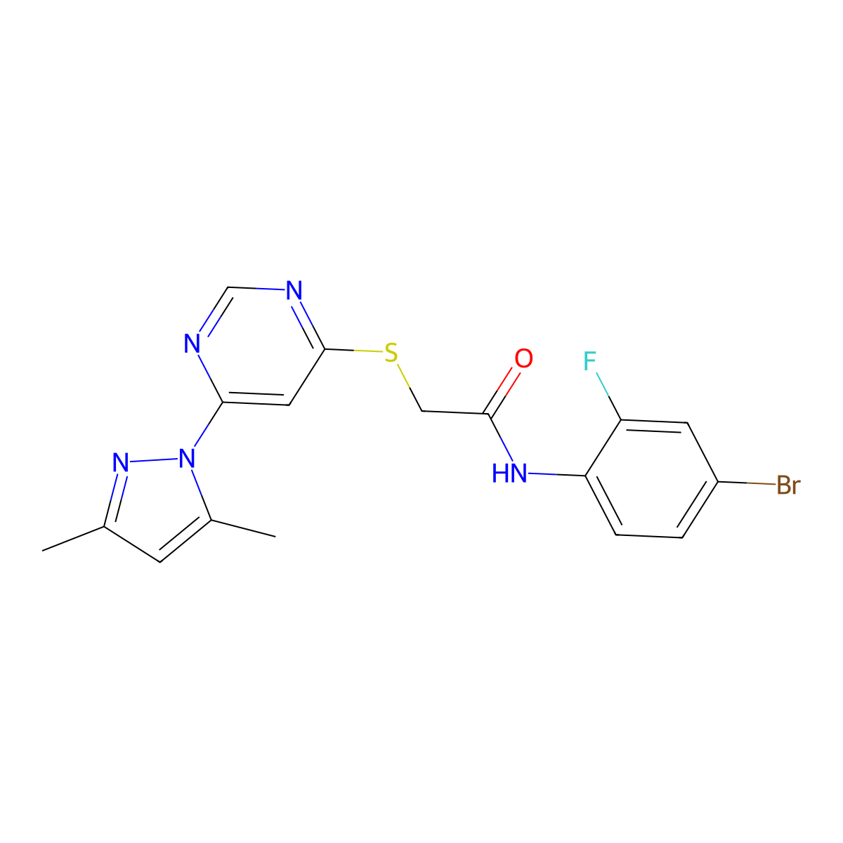 N-(4-bromo-2-fluorophenyl)-2-((6-(3,5-dimethyl-1H-pyrazol-1-yl)pyrimidin-4-yl)thio)acetamide molecular structure, CAS 1251621-11-0
