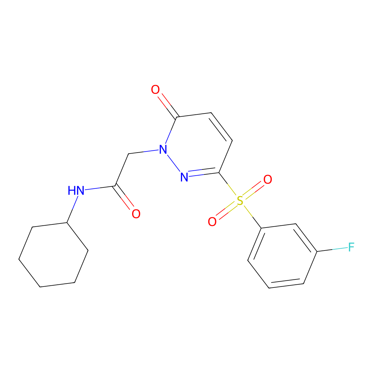 N-cyclohexyl-2-(3-((3-fluorophenyl)sulfonyl)-6-oxopyridazin-1(6H)-yl)acetamide molecular structure, CAS 1251621-14-3