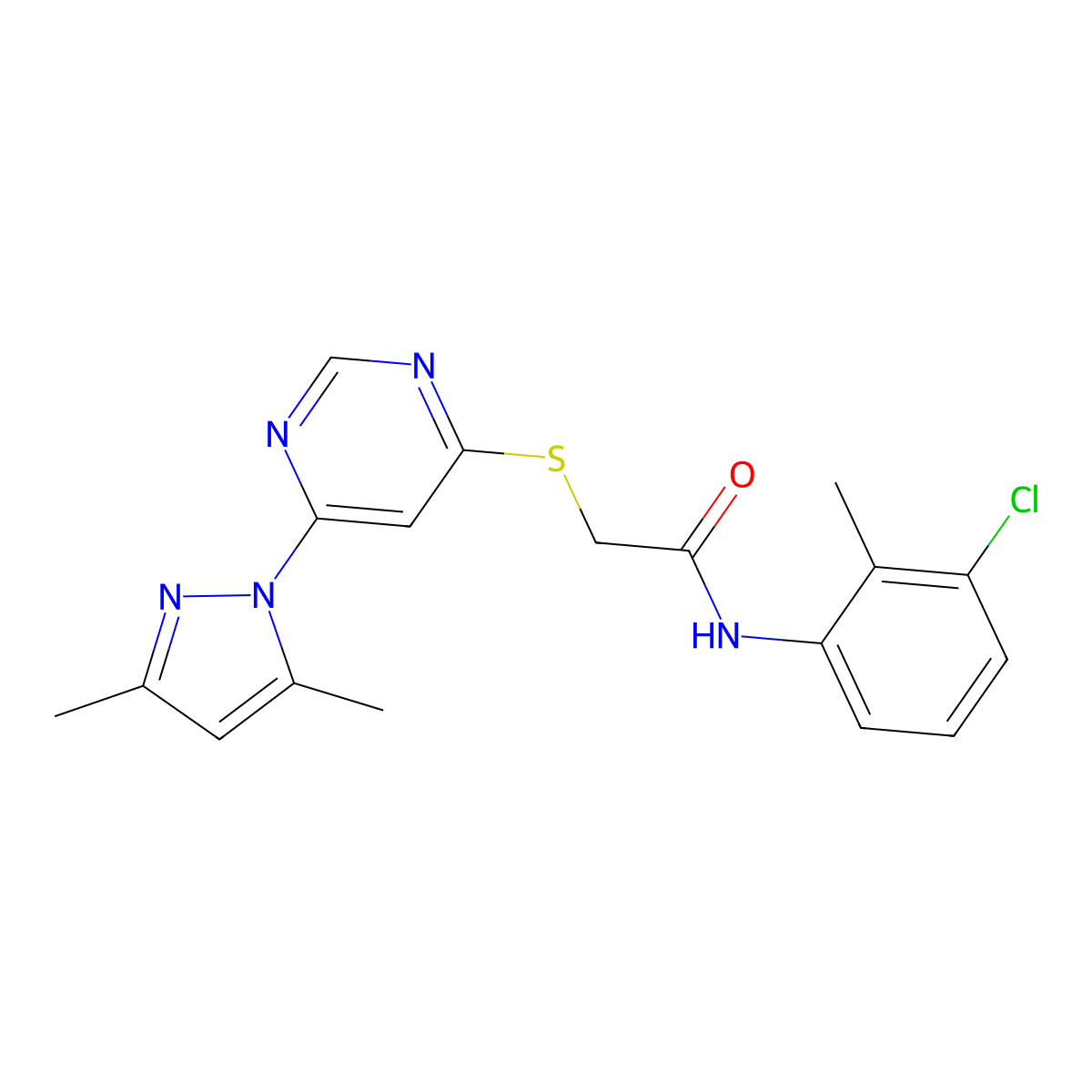 N-(3-chloro-2-methylphenyl)-2-((6-(3,5-dimethyl-1H-pyrazol-1-yl)pyrimidin-4-yl)thio)acetamide molecular structure, CAS 1251621-15-4