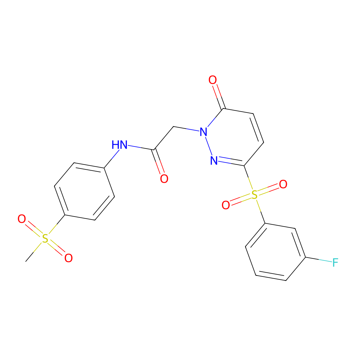 2-(3-((3-fluorophenyl)sulfonyl)-6-oxopyridazin-1(6H)-yl)-N-(4-(methylsulfonyl)phenyl)acetamide molecular structure, CAS 1251621-17-6