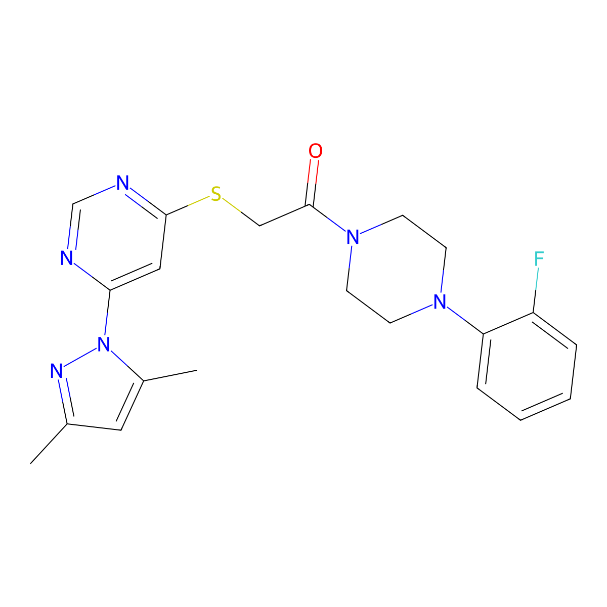 2-((6-(3,5-dimethyl-1H-pyrazol-1-yl)pyrimidin-4-yl)thio)-1-(4-(2-fluorophenyl)piperazin-1-yl)ethanone molecular structure, CAS 1251621-25-6