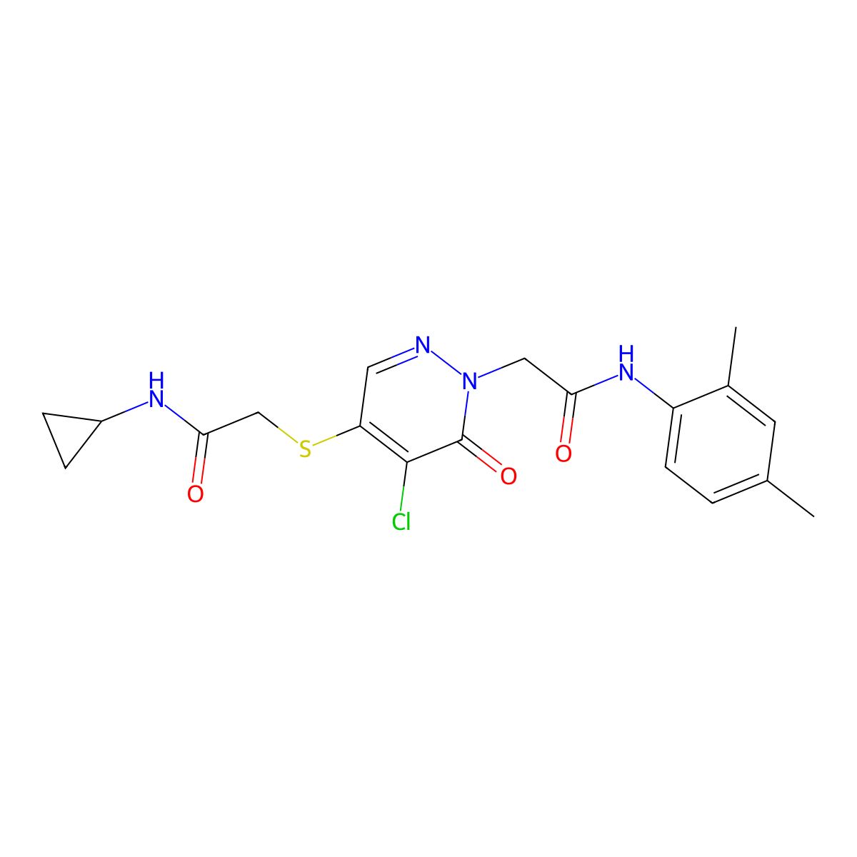 2-((5-chloro-1-(2-((2,4-dimethylphenyl)amino)-2-oxoethyl)-6-oxo-1,6-dihydropyridazin-4-yl)thio)-N-cyclopropylacetamide molecular structure, CAS 1251621-30-3