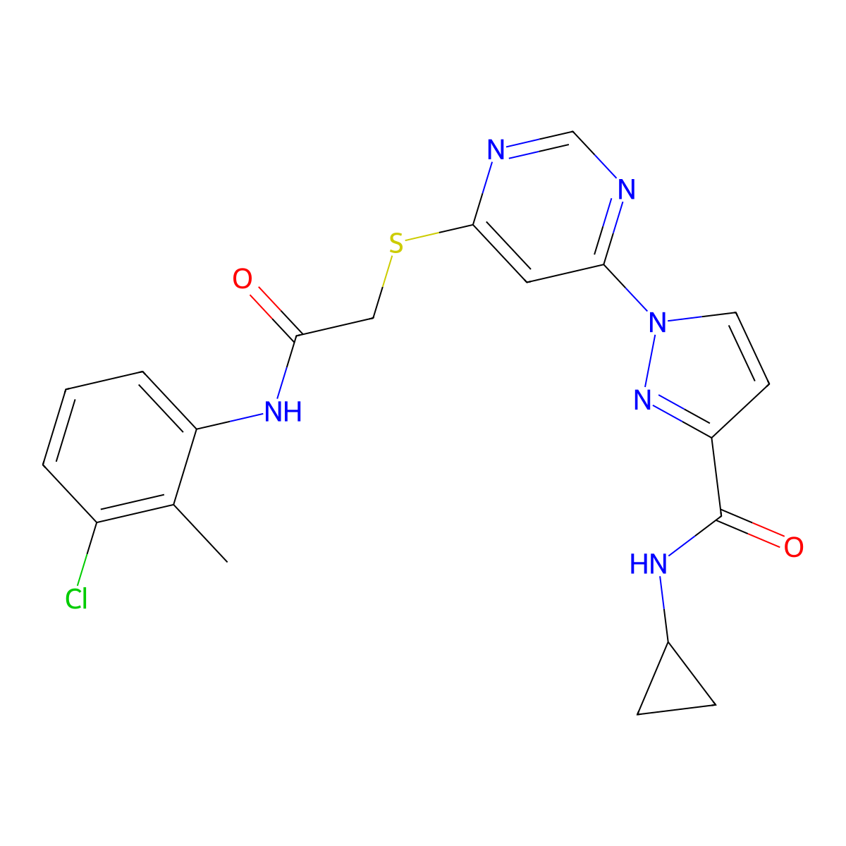 1-[6-({2-[(3-chloro-2-methylphenyl)amino]-2-oxoethyl}sulfanyl)pyrimidin-4-yl]-N-cyclopropyl-1H-pyrazole-3-carboxamide molecular structure, CAS 1251621-40-5