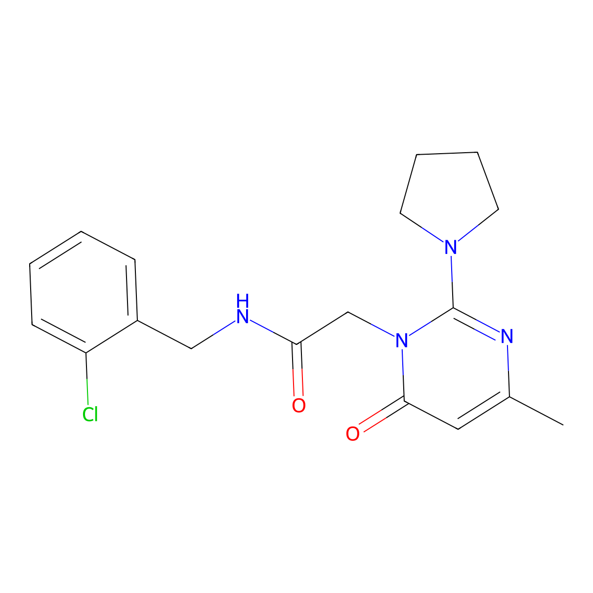 N-[(2-chlorophenyl)methyl]-2-[4-methyl-6-oxo-2-(pyrrolidin-1-yl)-1,6-dihydropyrimidin-1-yl]acetamide molecular structure, CAS 1251621-46-1