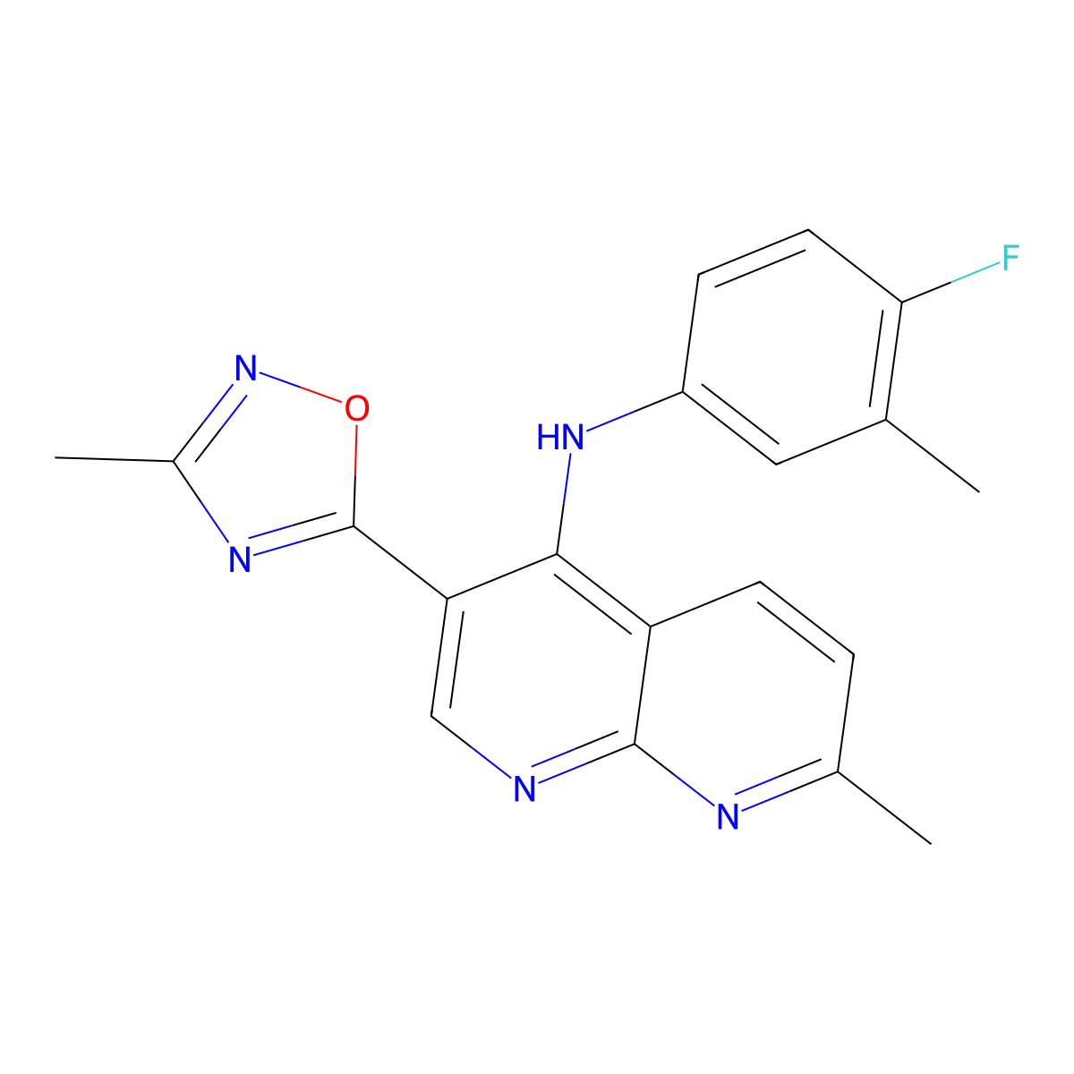N-(4-fluoro-3-methylphenyl)-7-methyl-3-(3-methyl-1,2,4-oxadiazol-5-yl)-1,8-naphthyridin-4-amine molecular structure, CAS 1251621-55-2