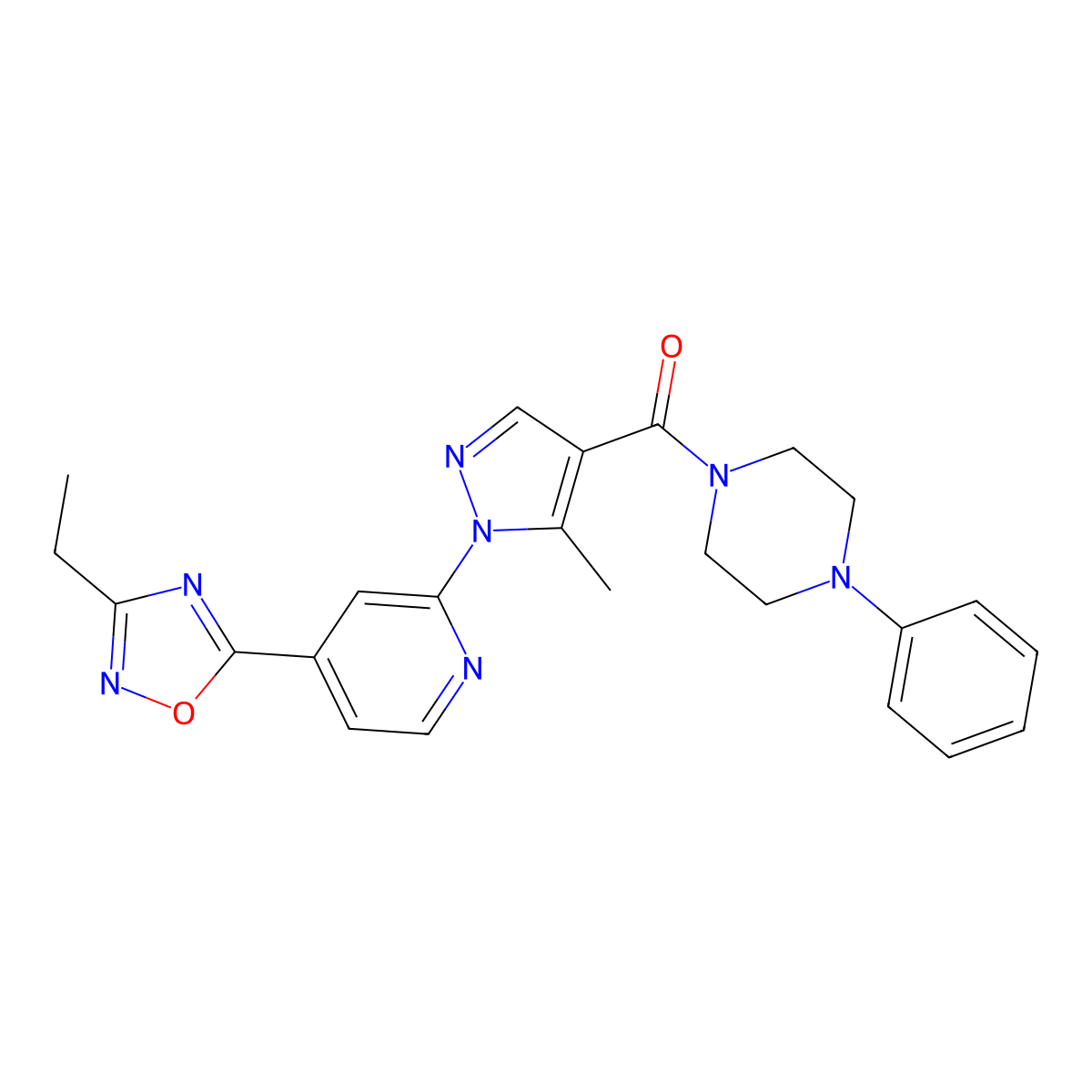 1-{1-[4-(3-ethyl-1,2,4-oxadiazol-5-yl)pyridin-2-yl]-5-methyl-1H-pyrazole-4-carbonyl}-4-phenylpiperazine molecular structure, CAS 1251621-80-3