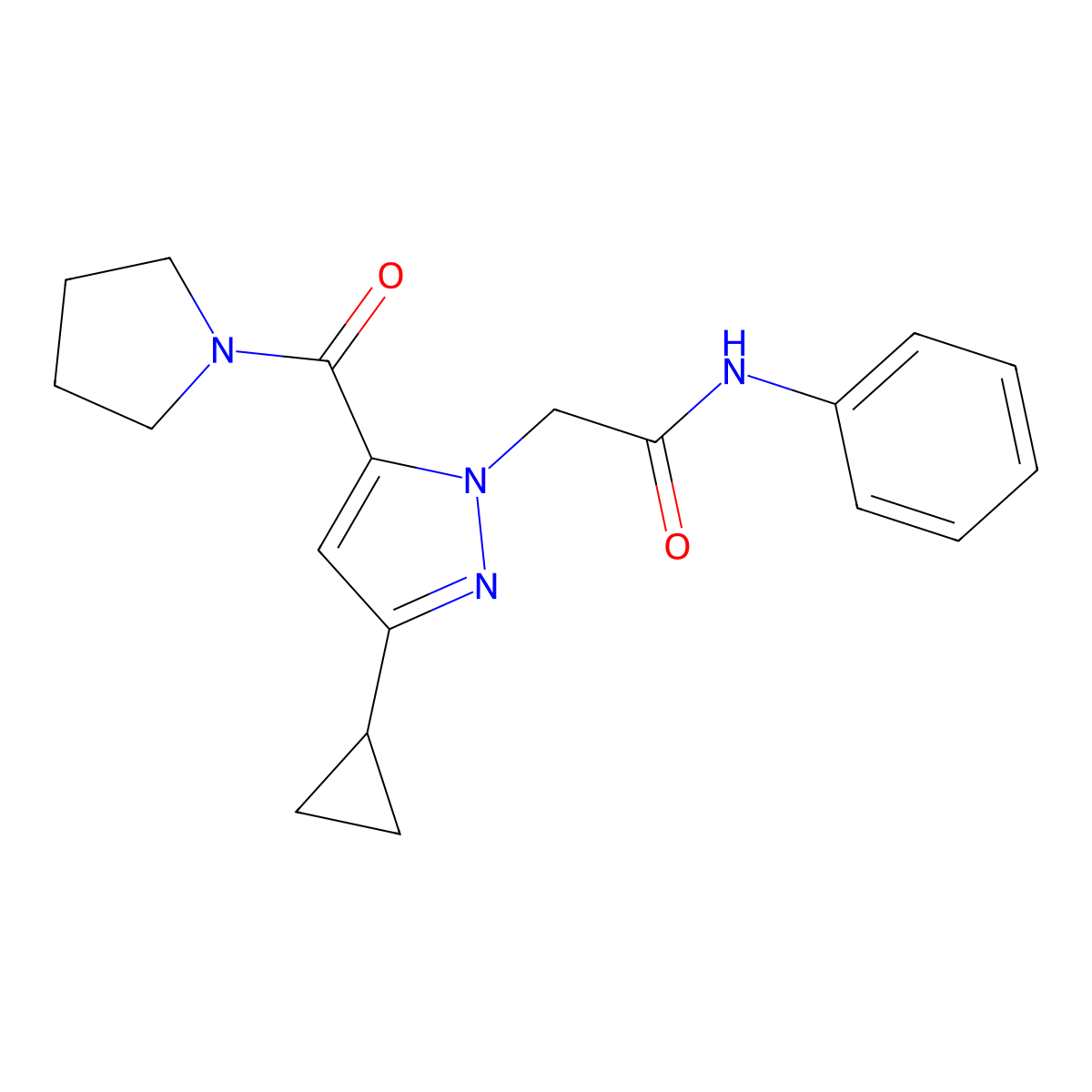 2-[3-cyclopropyl-5-(pyrrolidine-1-carbonyl)-1H-pyrazol-1-yl]-N-phenylacetamide molecular structure, CAS 1251621-98-3