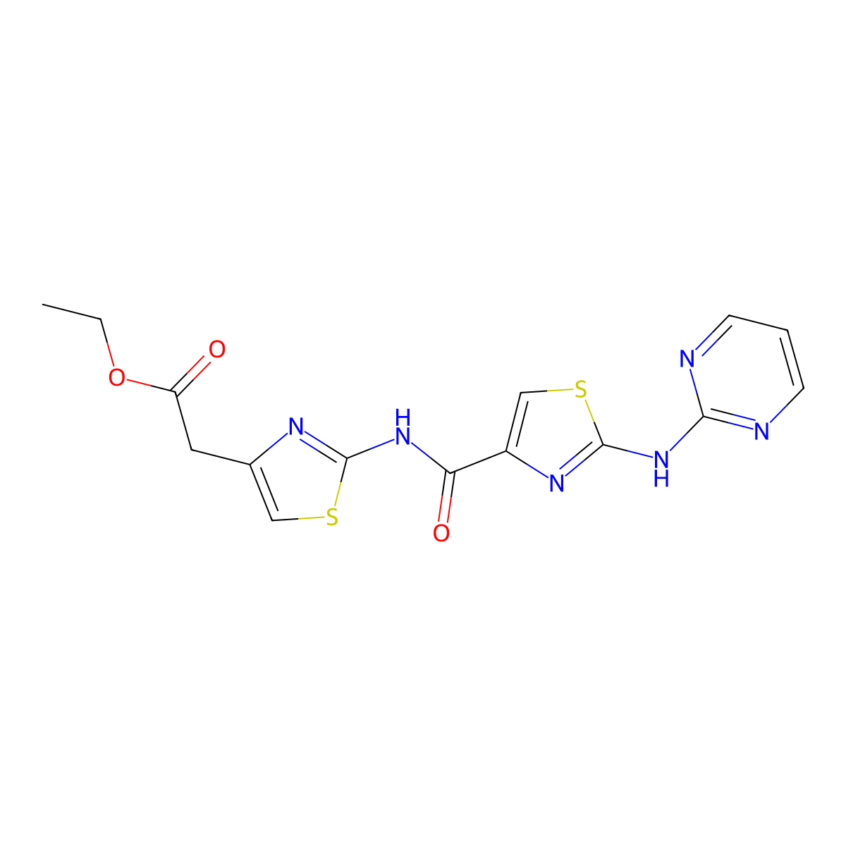 Ethyl 2-(2-(2-(pyrimidin-2-ylamino)thiazole-4-carboxamido)thiazol-4-yl)acetate molecular structure, CAS 1251622-11-3