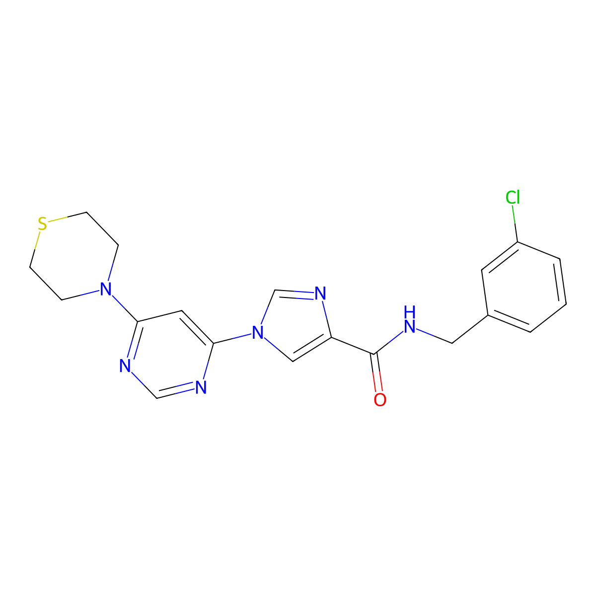 N-[(3-chlorophenyl)methyl]-1-[6-(thiomorpholin-4-yl)pyrimidin-4-yl]-1H-imidazole-4-carboxamide molecular structure, CAS 1251622-15-7