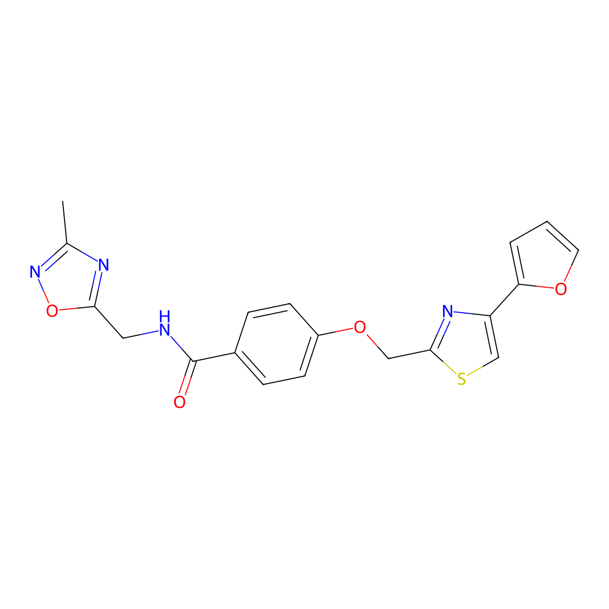 4-((4-(furan-2-yl)thiazol-2-yl)methoxy)-N-((3-methyl-1,2,4-oxadiazol-5-yl)methyl)benzamide molecular structure, CAS 1251622-54-4