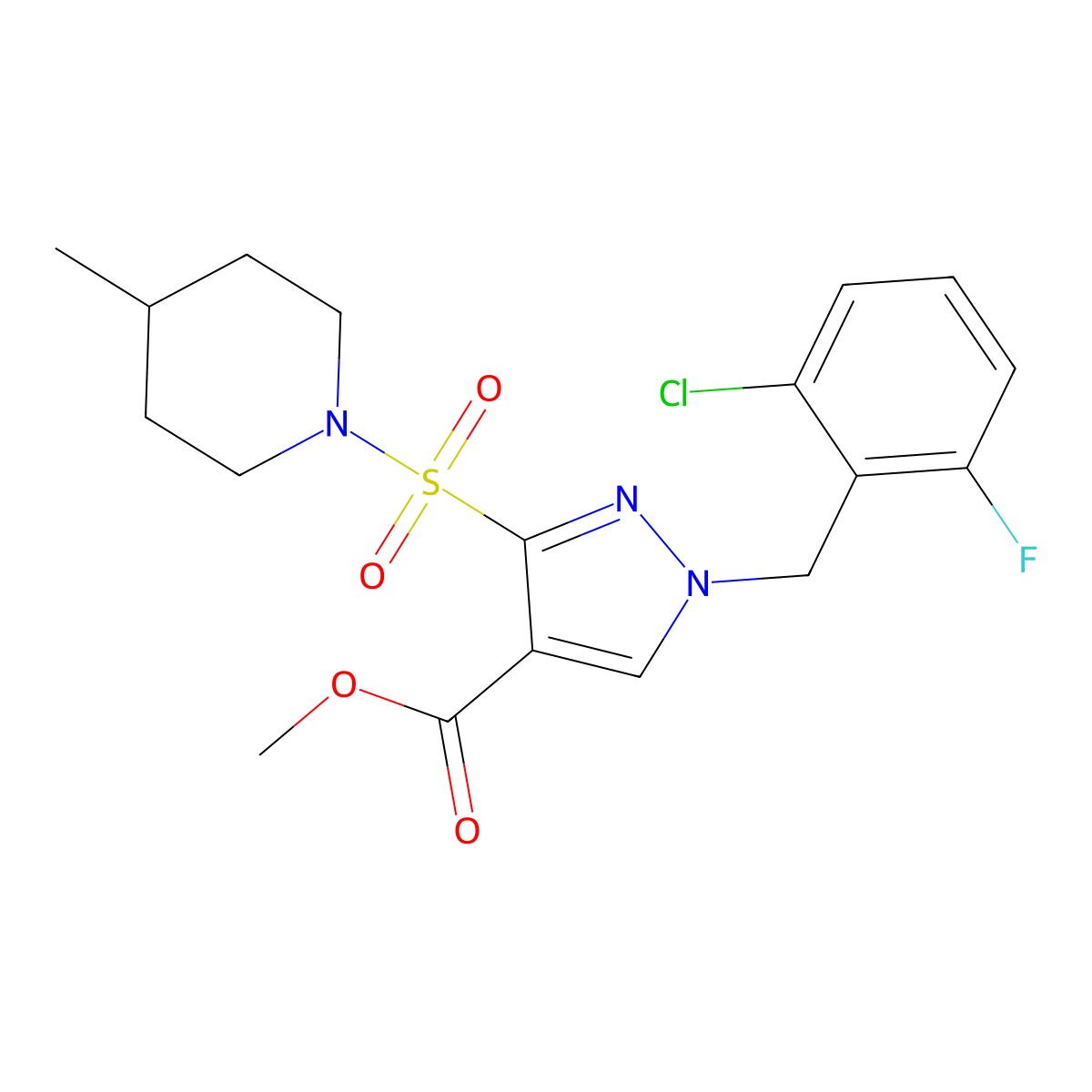 methyl 1-(2-chloro-6-fluorobenzyl)-3-((4-methylpiperidin-1-yl)sulfonyl)-1H-pyrazole-4-carboxylate molecular structure, CAS 1251622-79-3