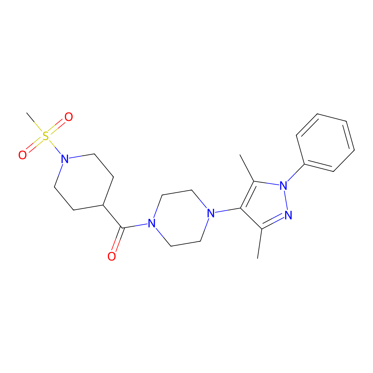(4-(3,5-dimethyl-1-phenyl-1H-pyrazol-4-yl)piperazin-1-yl)(1-(methylsulfonyl)piperidin-4-yl)methanone molecular structure, CAS 1251622-81-7