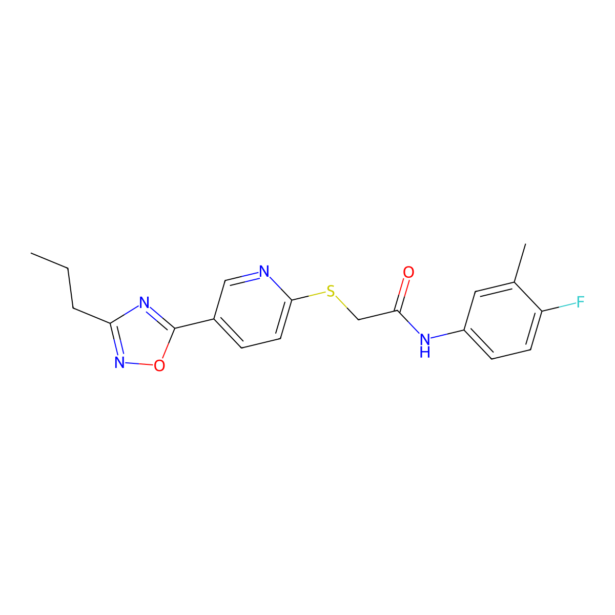 N-(4-fluoro-3-methylphenyl)-2-((5-(3-propyl-1,2,4-oxadiazol-5-yl)pyridin-2-yl)thio)acetamide molecular structure, CAS 1251622-99-7