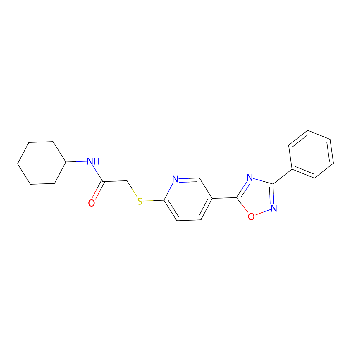 N-cyclohexyl-2-((5-(3-phenyl-1,2,4-oxadiazol-5-yl)pyridin-2-yl)thio)acetamide molecular structure, CAS 1251623-08-1