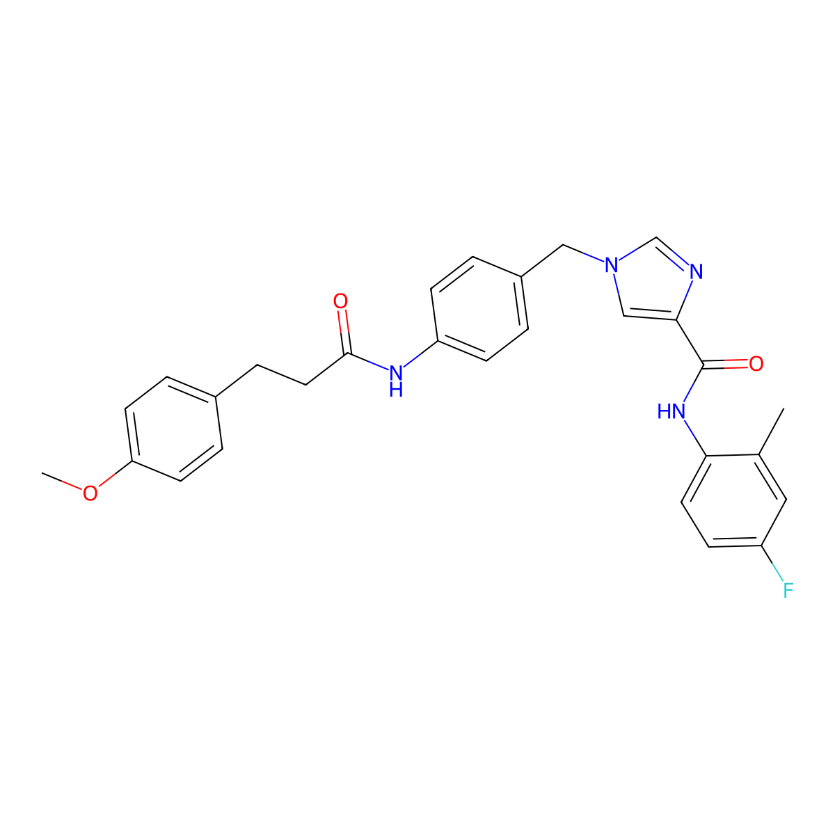N-(4-fluoro-2-methylphenyl)-1-(4-(3-(4-methoxyphenyl)propanamido)benzyl)-1H-imidazole-4-carboxamide molecular structure, CAS 1251623-29-6