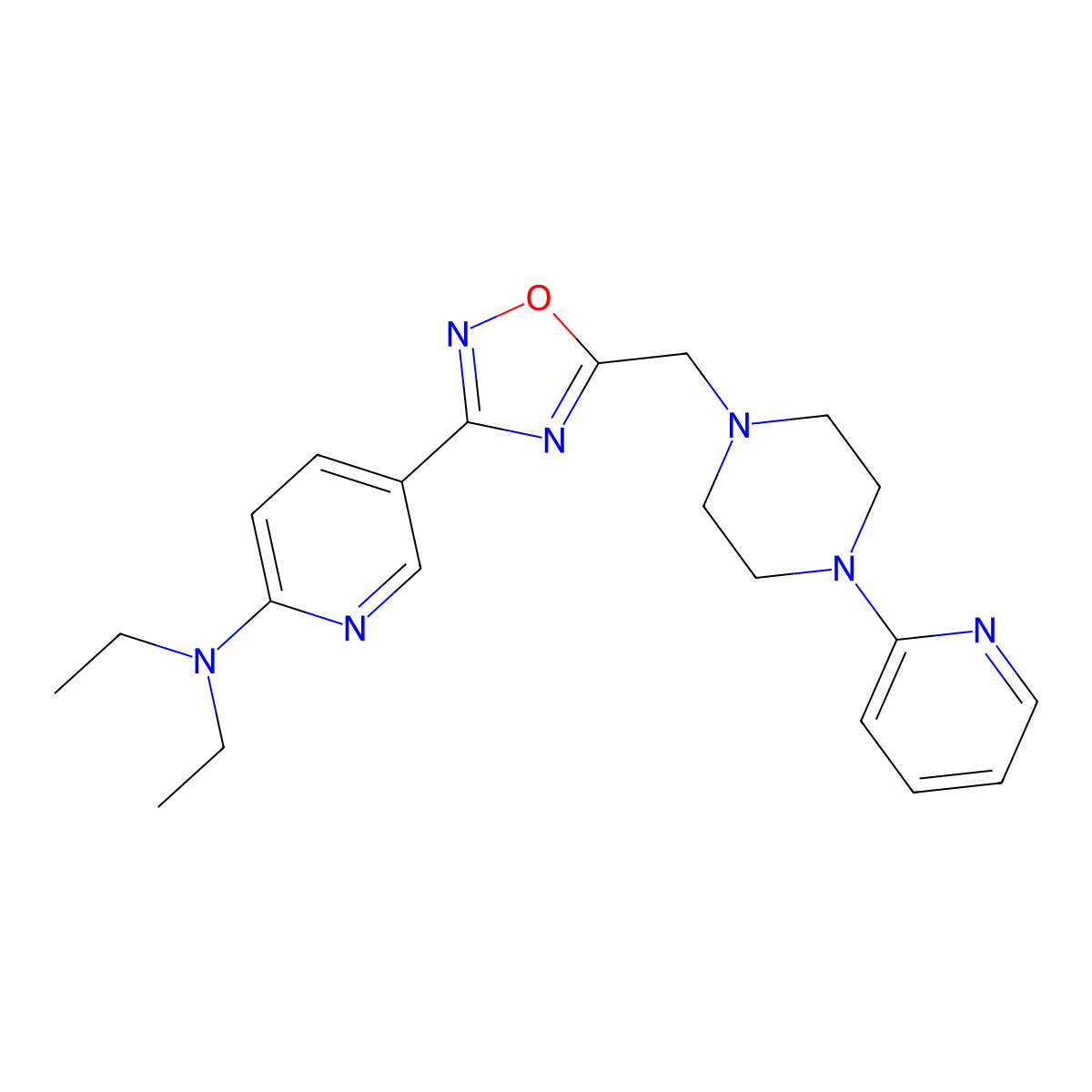 N,N-diethyl-5-(5-{[4-(pyridin-2-yl)piperazin-1-yl]methyl}-1,2,4-oxadiazol-3-yl)pyridin-2-amine molecular structure, CAS 1251623-33-2