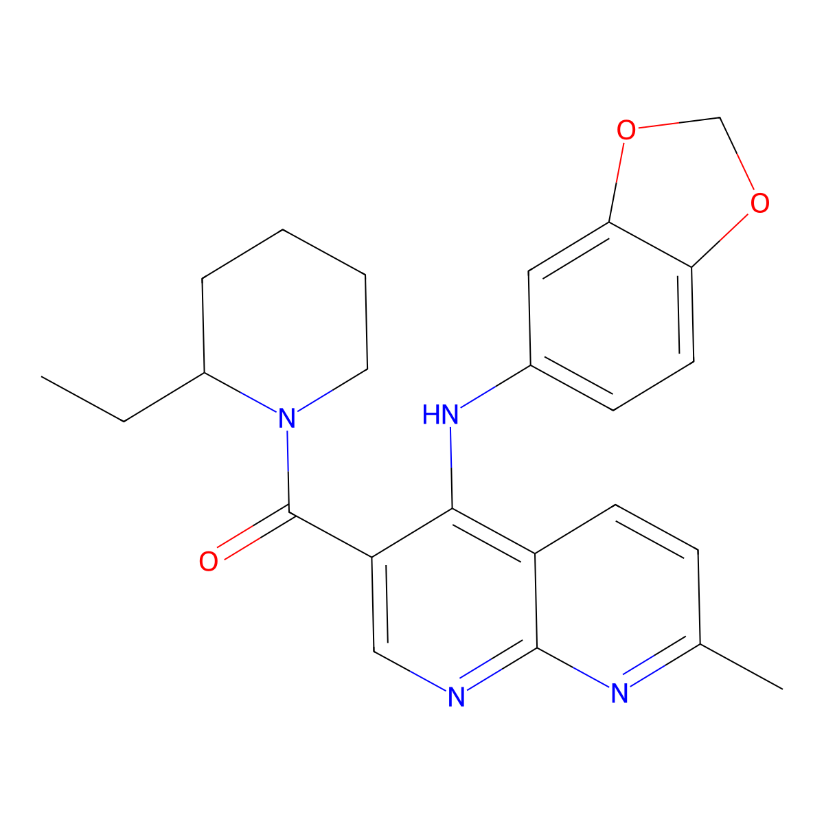 (4-(Benzo[d][1,3]dioxol-5-ylamino)-7-methyl-1,8-naphthyridin-3-yl)(2-ethylpiperidin-1-yl)methanone molecular structure, CAS 1251623-63-8
