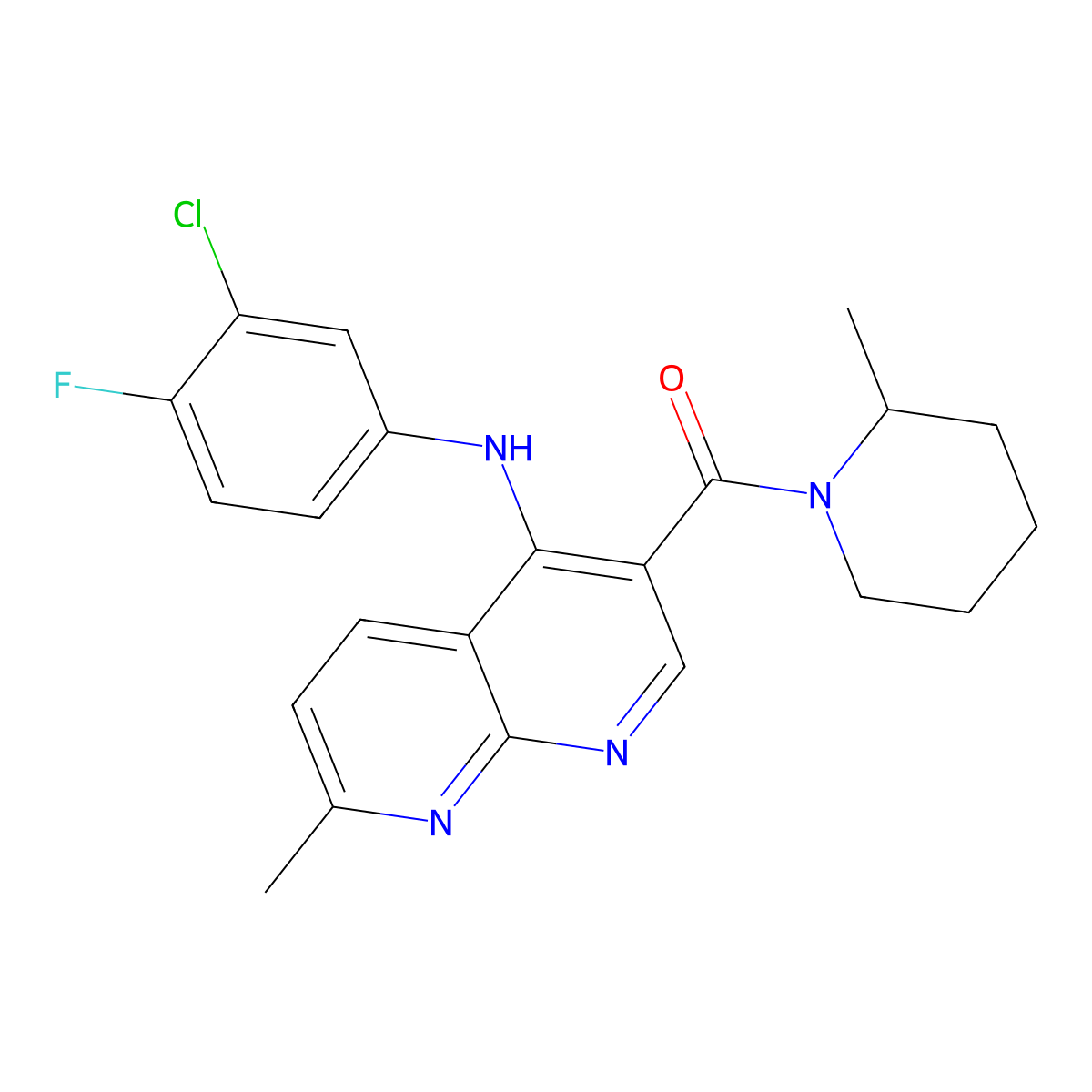 N-(3-chloro-4-fluorophenyl)-7-methyl-3-(2-methylpiperidine-1-carbonyl)-1,8-naphthyridin-4-amine molecular structure, CAS 1251623-83-2