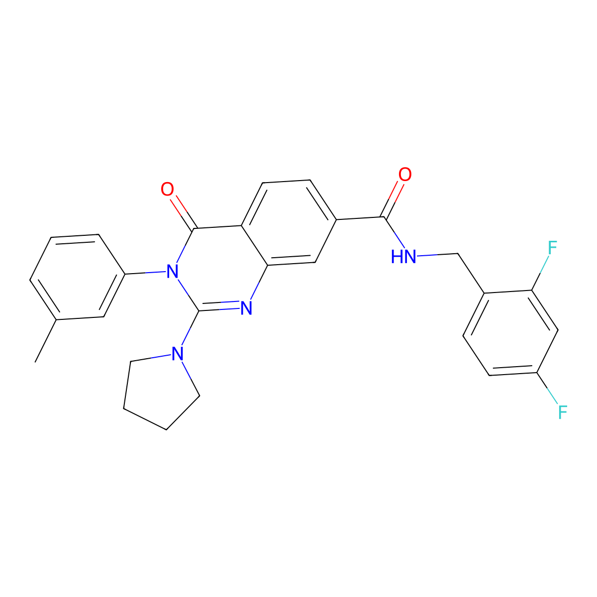 N-[(2,4-difluorophenyl)methyl]-3-(3-methylphenyl)-4-oxo-2-(pyrrolidin-1-yl)-3,4-dihydroquinazoline-7-carboxamide molecular structure, CAS 1251623-90-1