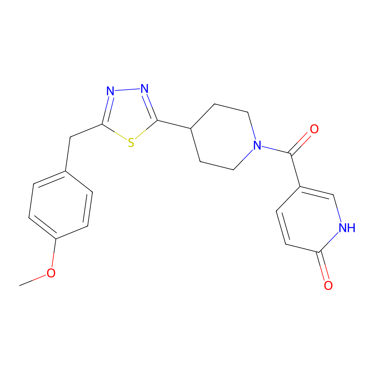 5-(4-(5-(4-methoxybenzyl)-1,3,4-thiadiazol-2-yl)piperidine-1-carbonyl)pyridin-2(1H)-one molecular structure, CAS 1251623-91-2