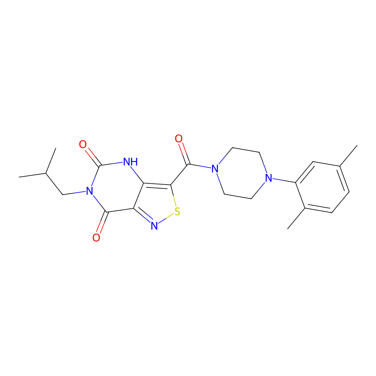 3-[4-(2,5-dimethylphenyl)piperazine-1-carbonyl]-6-(2-methylpropyl)-4H,5H,6H,7H-[1,2]thiazolo[4,3-d]pyrimidine-5,7-dione molecular structure, CAS 1251624-00-6