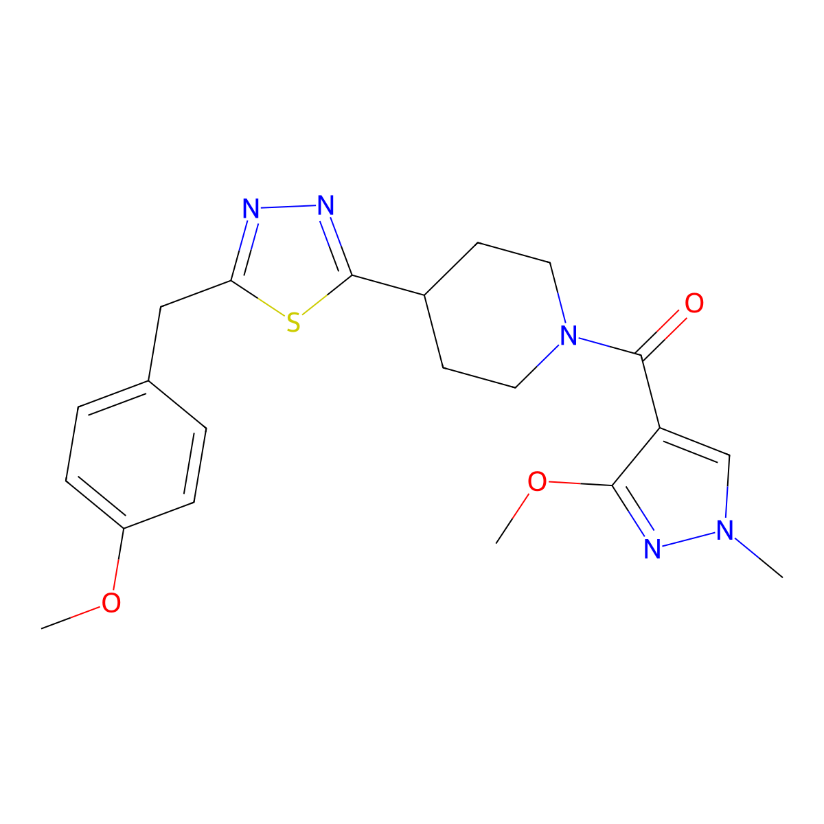 (3-methoxy-1-methyl-1H-pyrazol-4-yl)(4-(5-(4-methoxybenzyl)-1,3,4-thiadiazol-2-yl)piperidin-1-yl)methanone molecular structure, CAS 1251624-01-7