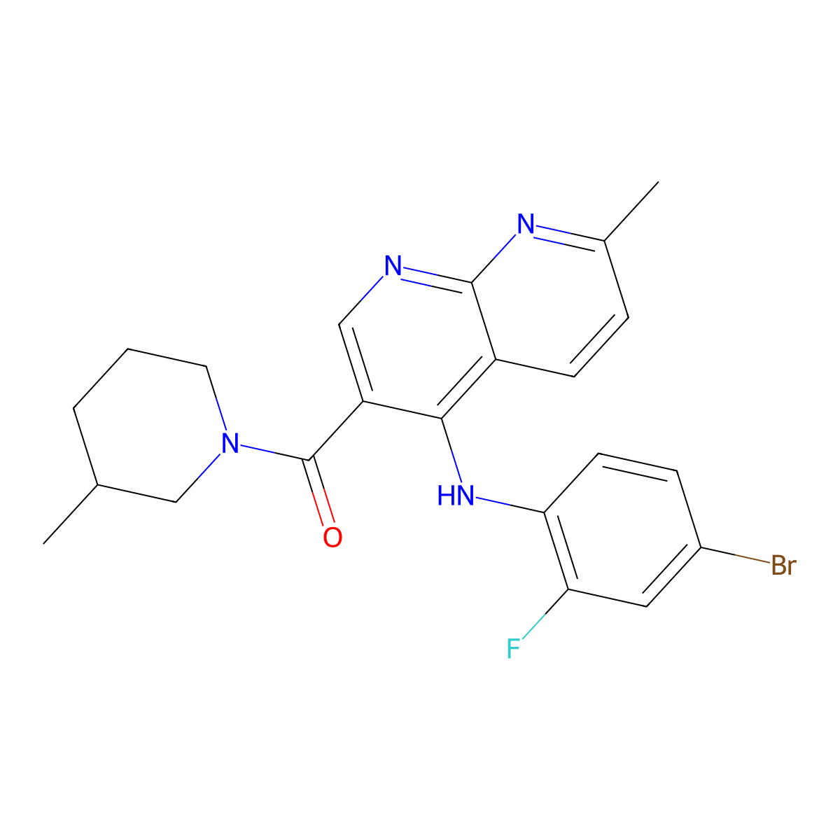 (4-((4-Bromo-2-fluorophenyl)amino)-7-methyl-1,8-naphthyridin-3-yl)(3-methylpiperidin-1-yl)methanone molecular structure, CAS 1251624-22-2