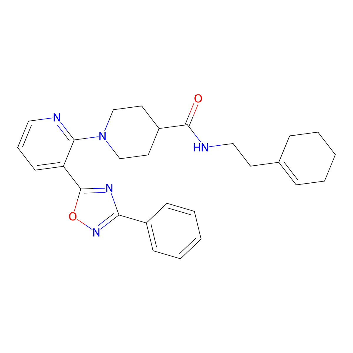 N-[2-(cyclohex-1-en-1-yl)ethyl]-1-[3-(3-phenyl-1,2,4-oxadiazol-5-yl)pyridin-2-yl]piperidine-4-carboxamide molecular structure, CAS 1251624-23-3