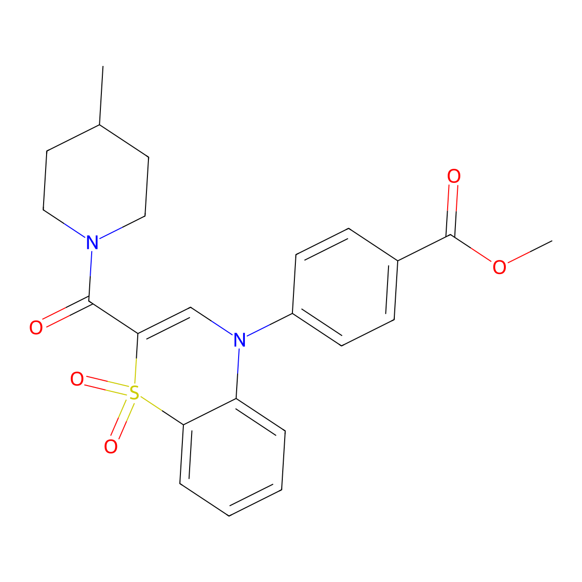 methyl 4-{2-[(4-methylpiperidin-1-yl)carbonyl]-1,1-dioxido-4H-1,4-benzothiazin-4-yl}benzoate molecular structure, CAS 1251624-30-2