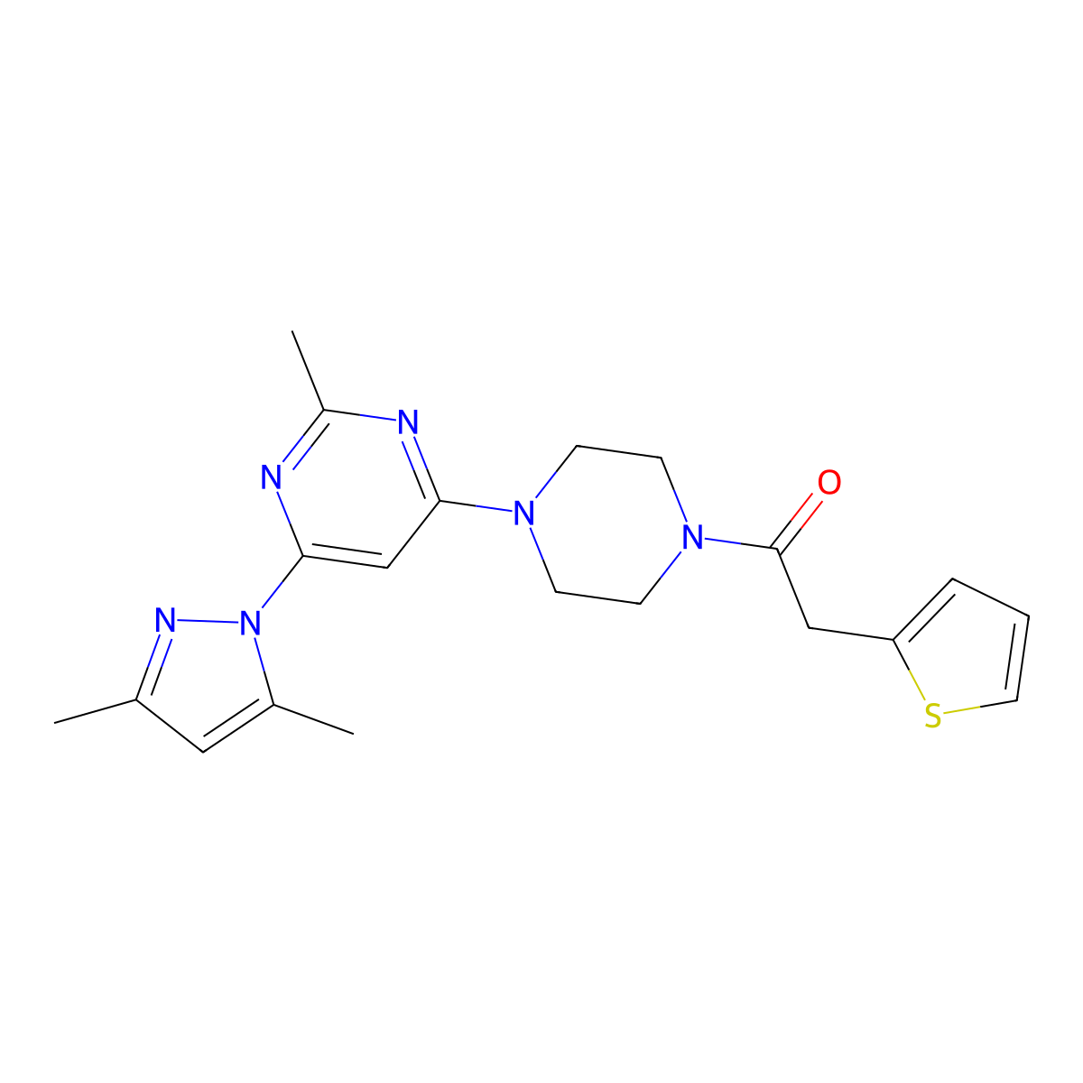 1-(4-(6-(3,5-dimethyl-1H-pyrazol-1-yl)-2-methylpyrimidin-4-yl)piperazin-1-yl)-2-(thiophen-2-yl)ethanone molecular structure, CAS 1251624-33-5