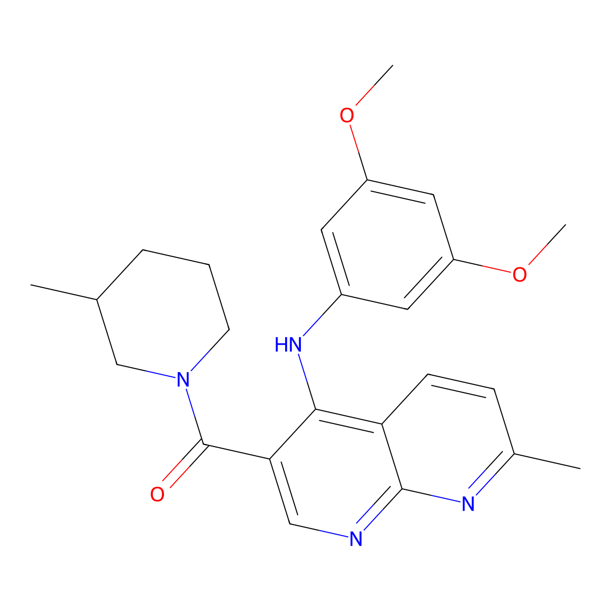 (4-((3,5-Dimethoxyphenyl)amino)-7-methyl-1,8-naphthyridin-3-yl)(3-methylpiperidin-1-yl)methanone molecular structure, CAS 1251624-35-7