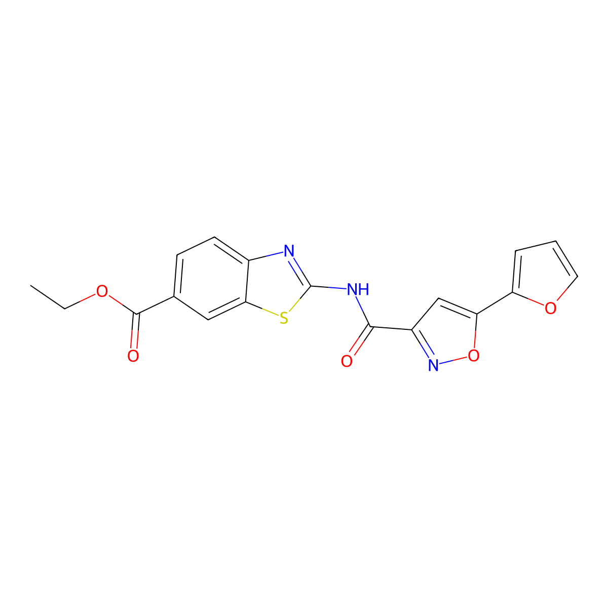 Ethyl 2-(5-(furan-2-yl)isoxazole-3-carboxamido)benzo[d]thiazole-6-carboxylate molecular structure, CAS 1251624-39-1