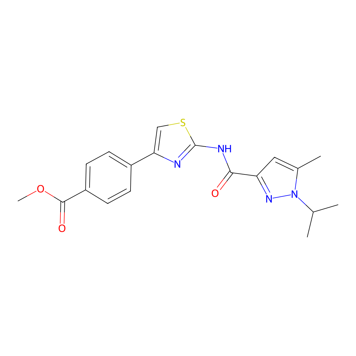 methyl 4-(2-(1-isopropyl-5-methyl-1H-pyrazole-3-carboxamido)thiazol-4-yl)benzoate molecular structure, CAS 1251624-46-0