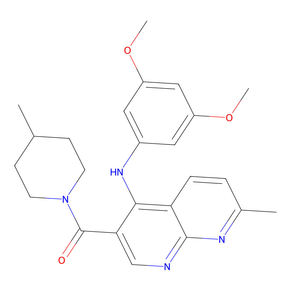 (4-((3,5-Dimethoxyphenyl)amino)-7-methyl-1,8-naphthyridin-3-yl)(4-methylpiperidin-1-yl)methanone molecular structure, CAS 1251624-51-7