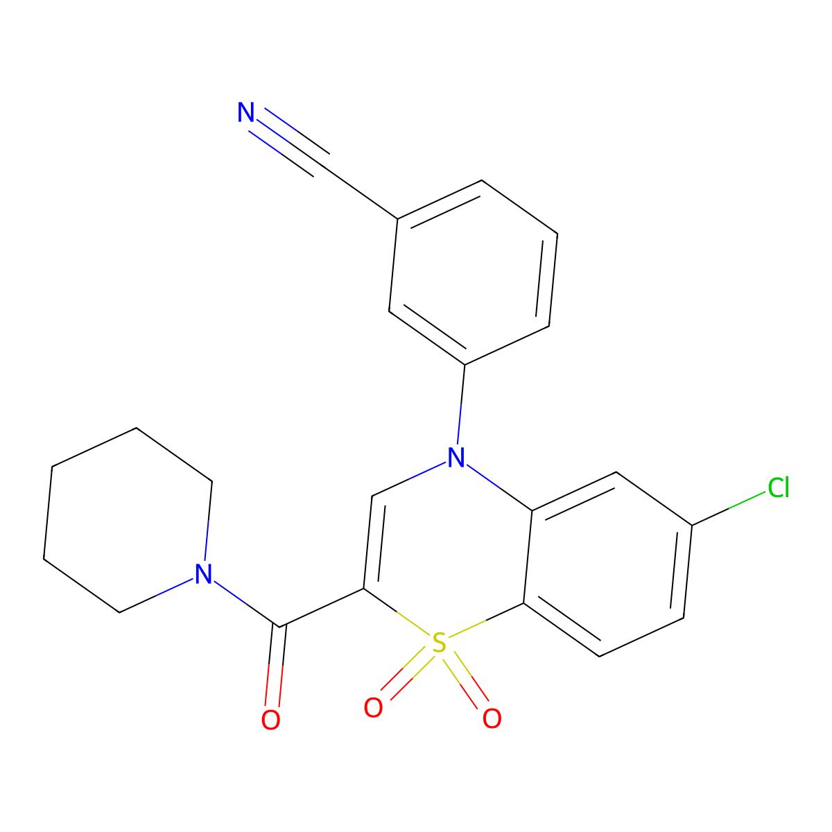 3-(6-chloro-1,1-dioxido-2-(piperidine-1-carbonyl)-4H-benzo[b][1,4]thiazin-4-yl)benzonitrile molecular structure, CAS 1251624-65-3