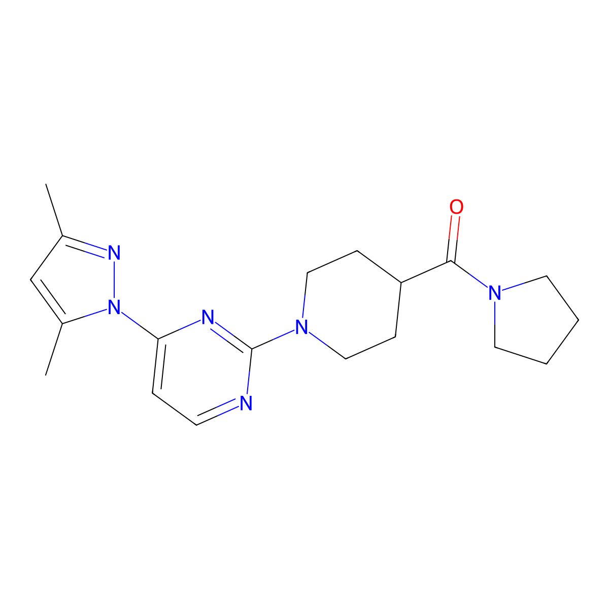 (1-(4-(3,5-dimethyl-1H-pyrazol-1-yl)pyrimidin-2-yl)piperidin-4-yl)(pyrrolidin-1-yl)methanone molecular structure, CAS 1251624-70-0