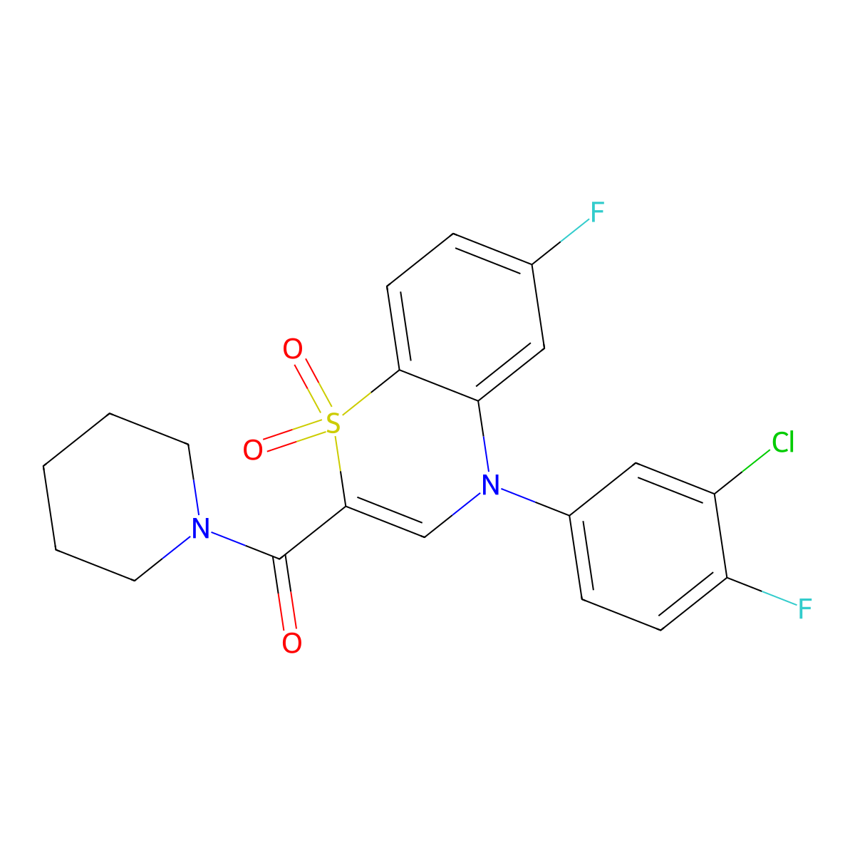(4-(3-chloro-4-fluorophenyl)-6-fluoro-1,1-dioxido-4H-benzo[b][1,4]thiazin-2-yl)(piperidin-1-yl)methanone molecular structure, CAS 1251624-71-1