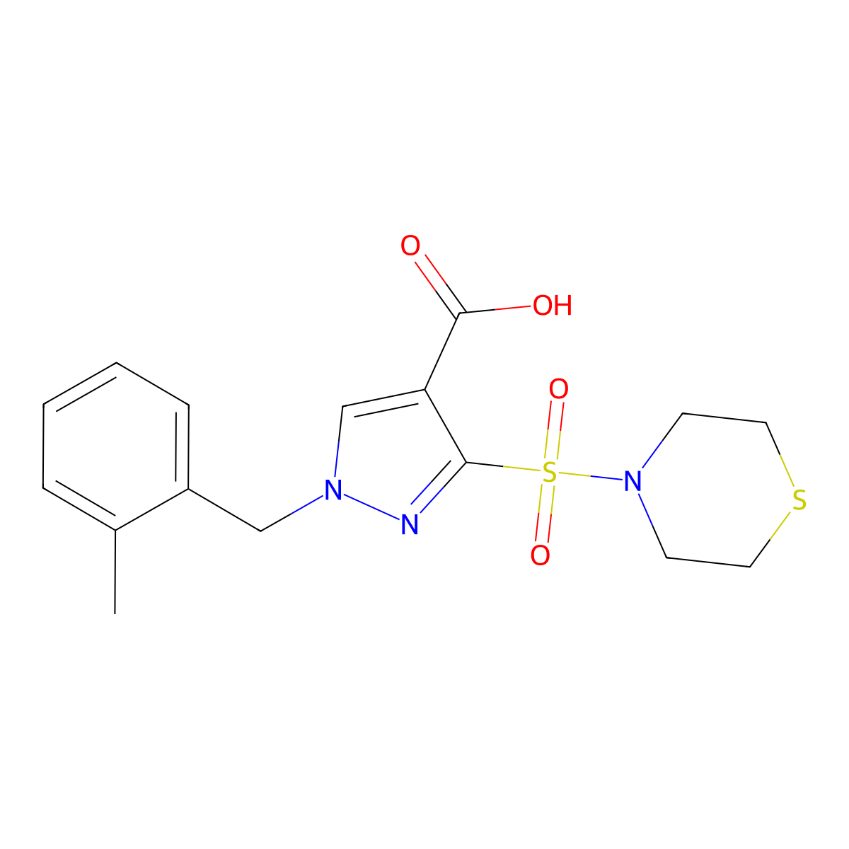 1-(2-methylbenzyl)-3-(thiomorpholinosulfonyl)-1H-pyrazole-4-carboxylic acid molecular structure, CAS 1251624-80-2