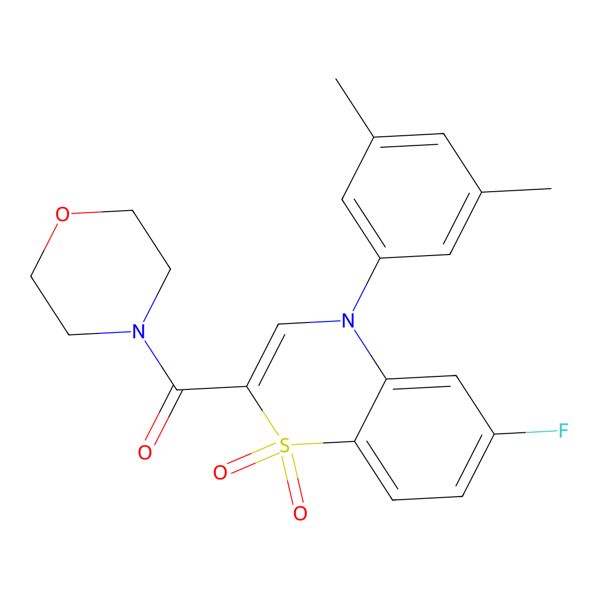 (4-(3,5-dimethylphenyl)-6-fluoro-1,1-dioxido-4H-benzo[b][1,4]thiazin-2-yl)(morpholino)methanone molecular structure, CAS 1251624-84-6
