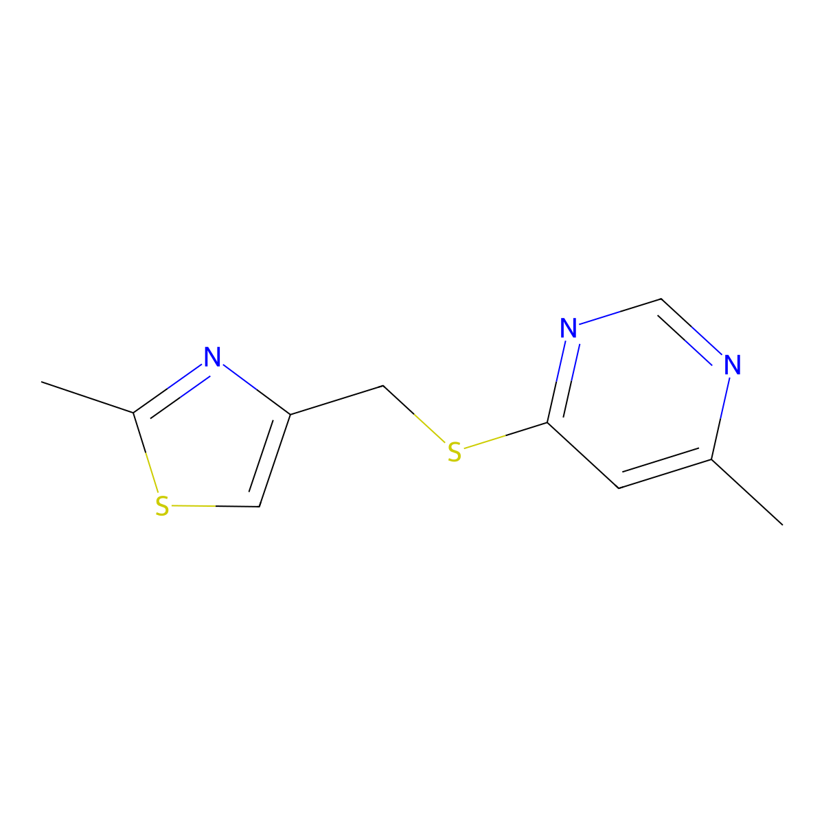 2-Methyl-4-(((6-methylpyrimidin-4-yl)thio)methyl)thiazole molecular structure, CAS 1251624-86-8