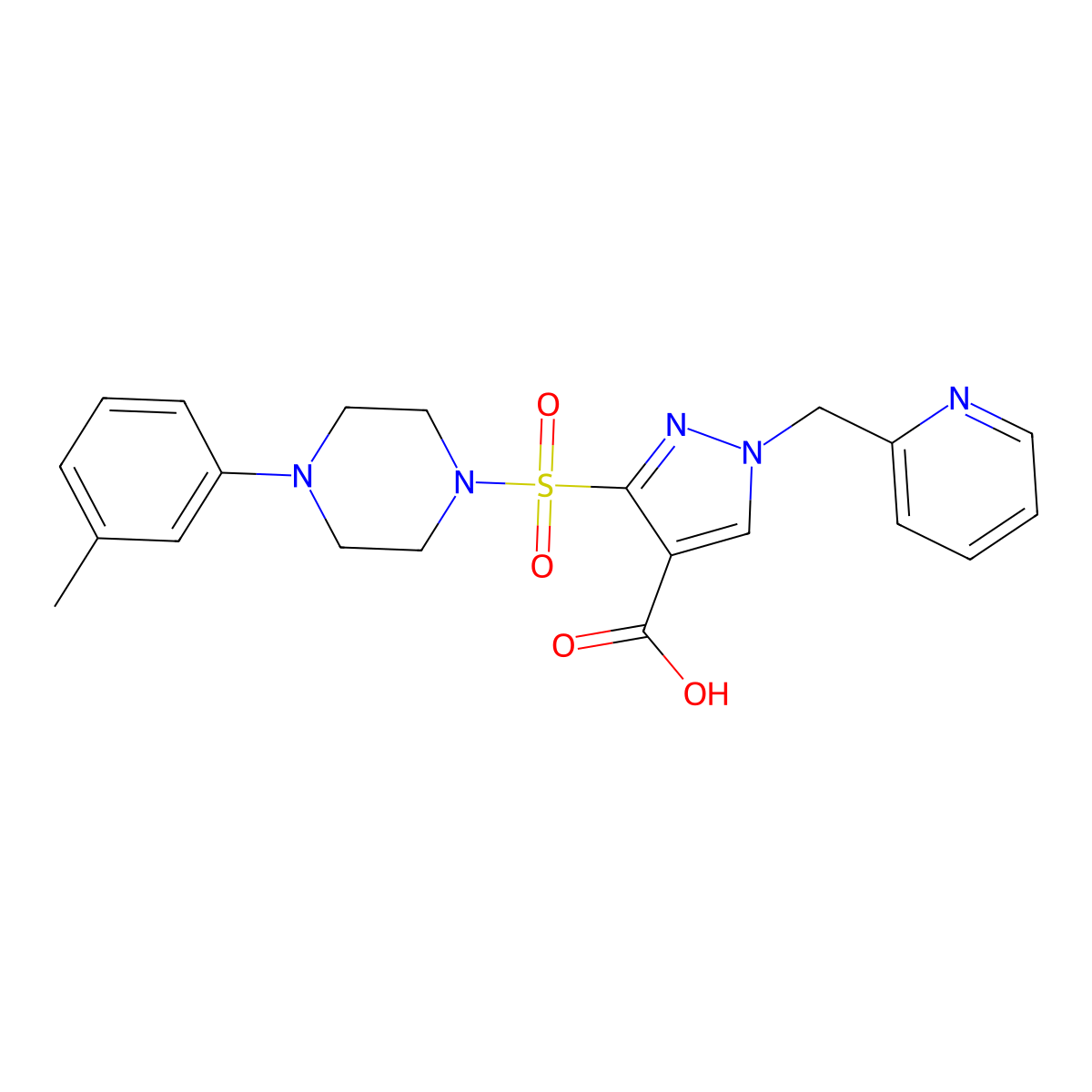 1-(pyridin-2-ylmethyl)-3-((4-(m-tolyl)piperazin-1-yl)sulfonyl)-1H-pyrazole-4-carboxylic acid molecular structure, CAS 1251624-89-1