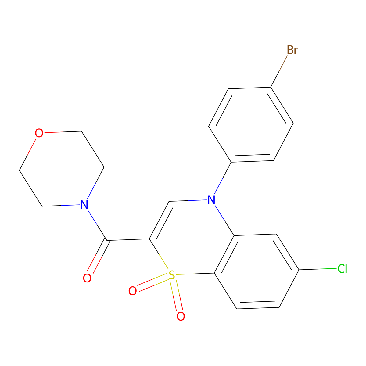 (4-(4-bromophenyl)-6-chloro-1,1-dioxido-4H-benzo[b][1,4]thiazin-2-yl)(morpholino)methanone molecular structure, CAS 1251625-04-3