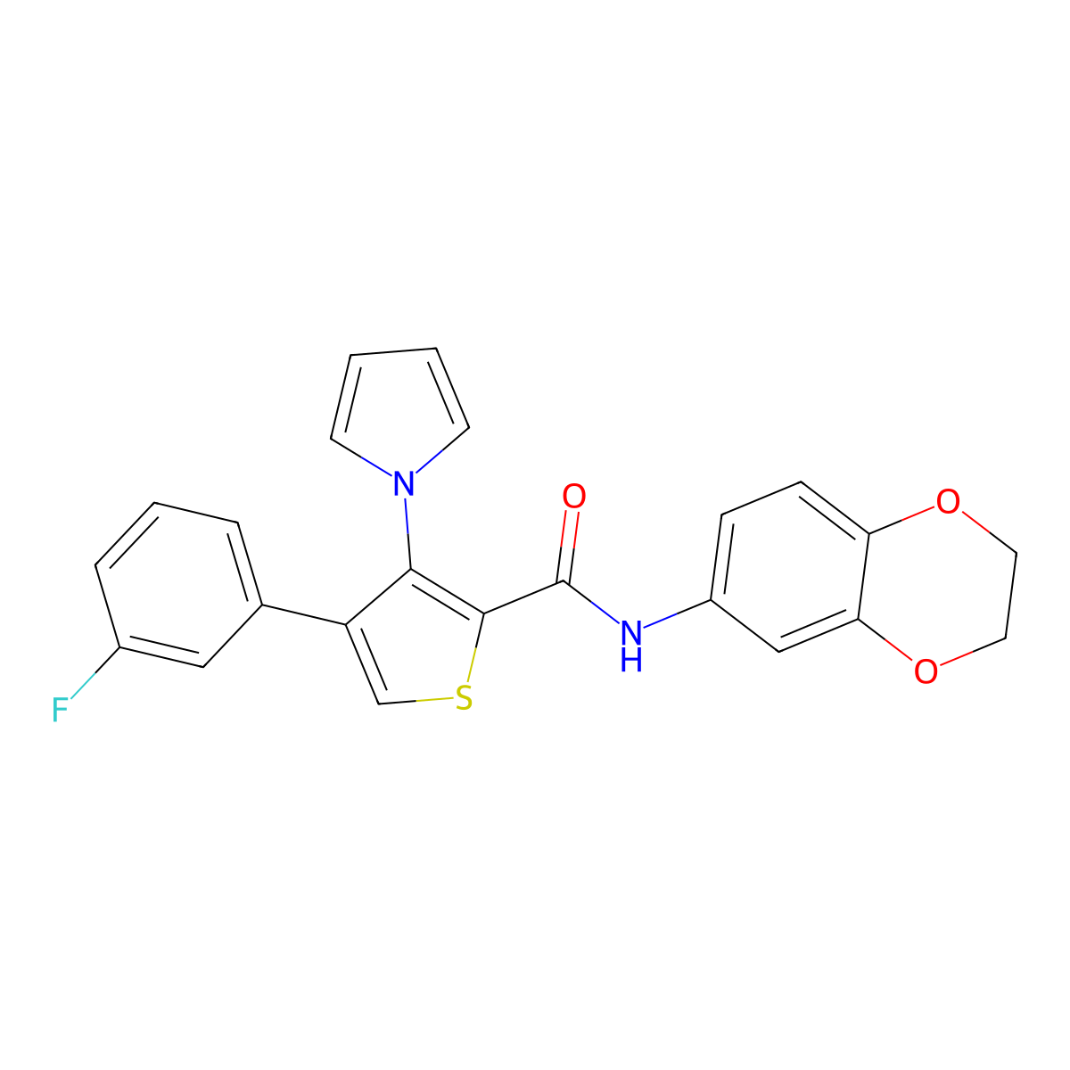 N-(2,3-dihydro-1,4-benzodioxin-6-yl)-4-(3-fluorophenyl)-3-(1H-pyrrol-1-yl)thiophene-2-carboxamide molecular structure, CAS 1251625-05-4