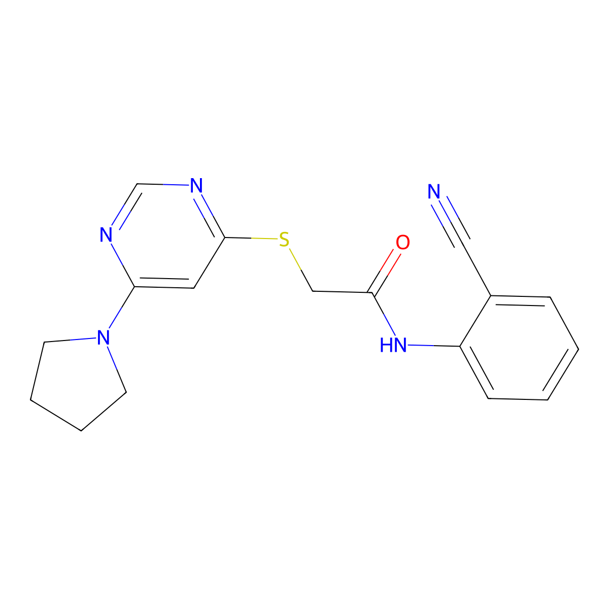 N-(2-cyanophenyl)-2-((6-(pyrrolidin-1-yl)pyrimidin-4-yl)thio)acetamide molecular structure, CAS 1251625-23-6