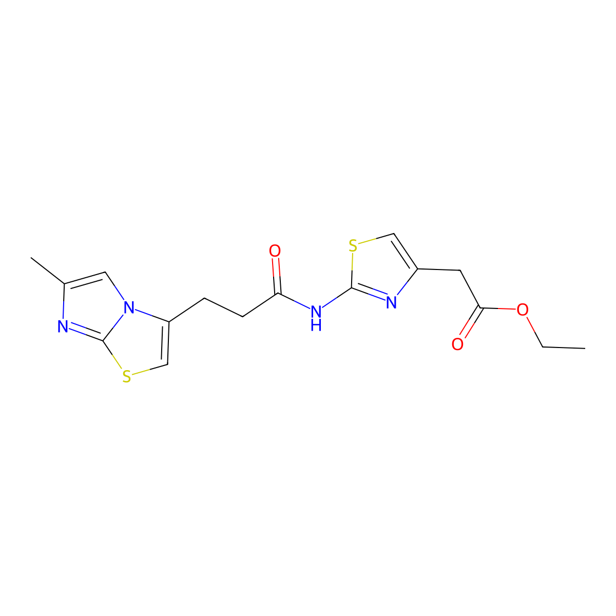 Ethyl 2-(2-(3-(6-methylimidazo[2,1-b]thiazol-3-yl)propanamido)thiazol-4-yl)acetate molecular structure, CAS 1251625-29-2