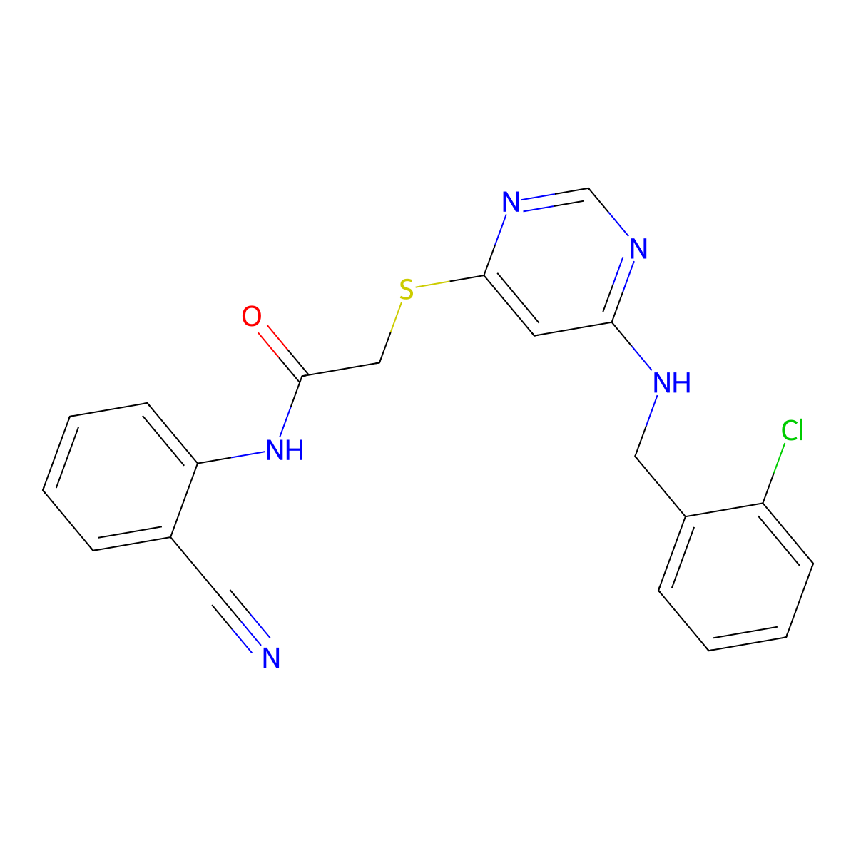 2-((6-((2-chlorobenzyl)amino)pyrimidin-4-yl)thio)-N-(2-cyanophenyl)acetamide molecular structure, CAS 1251625-42-9