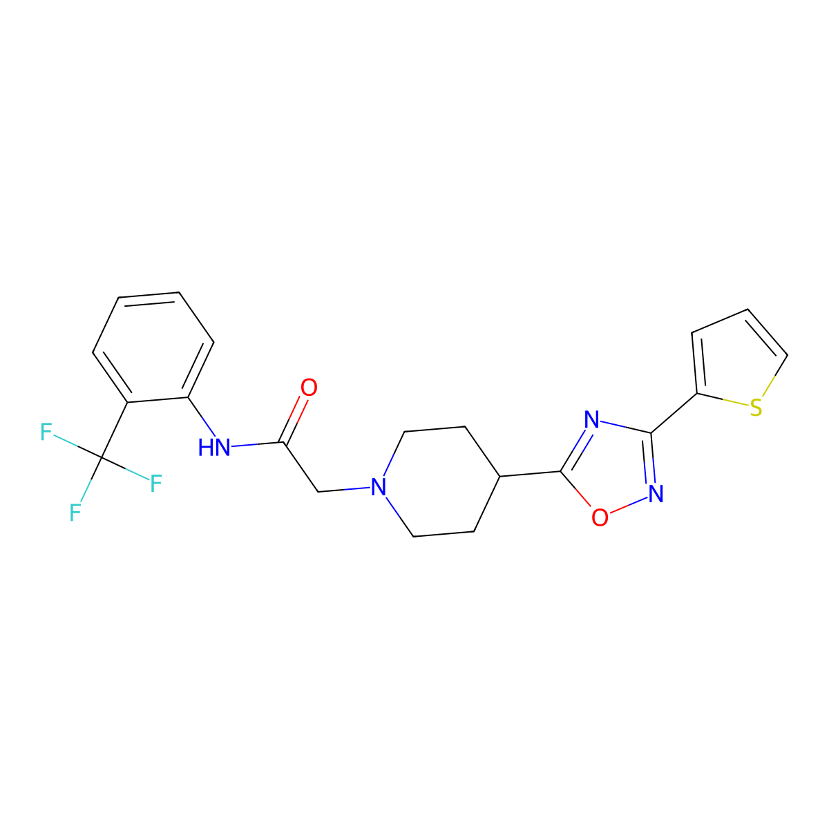 2-{4-[3-(thiophen-2-yl)-1,2,4-oxadiazol-5-yl]piperidin-1-yl}-N-[2-(trifluoromethyl)phenyl]acetamide molecular structure, CAS 1251625-52-1