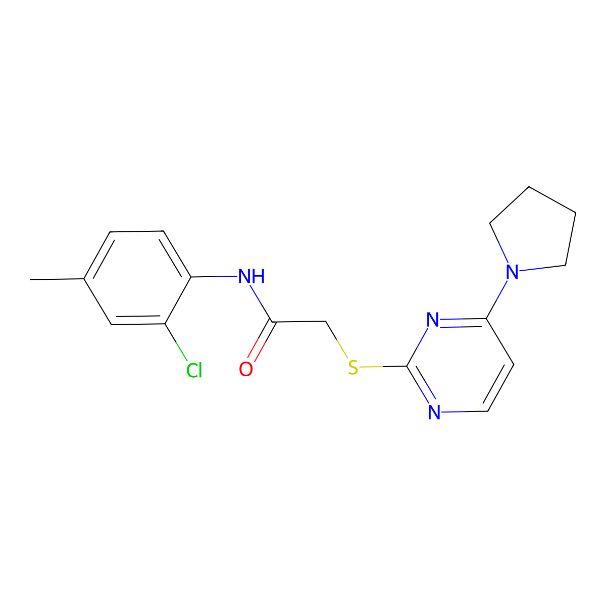 N-(2-chloro-4-methylphenyl)-2-((4-(pyrrolidin-1-yl)pyrimidin-2-yl)thio)acetamide molecular structure, CAS 1251625-55-4