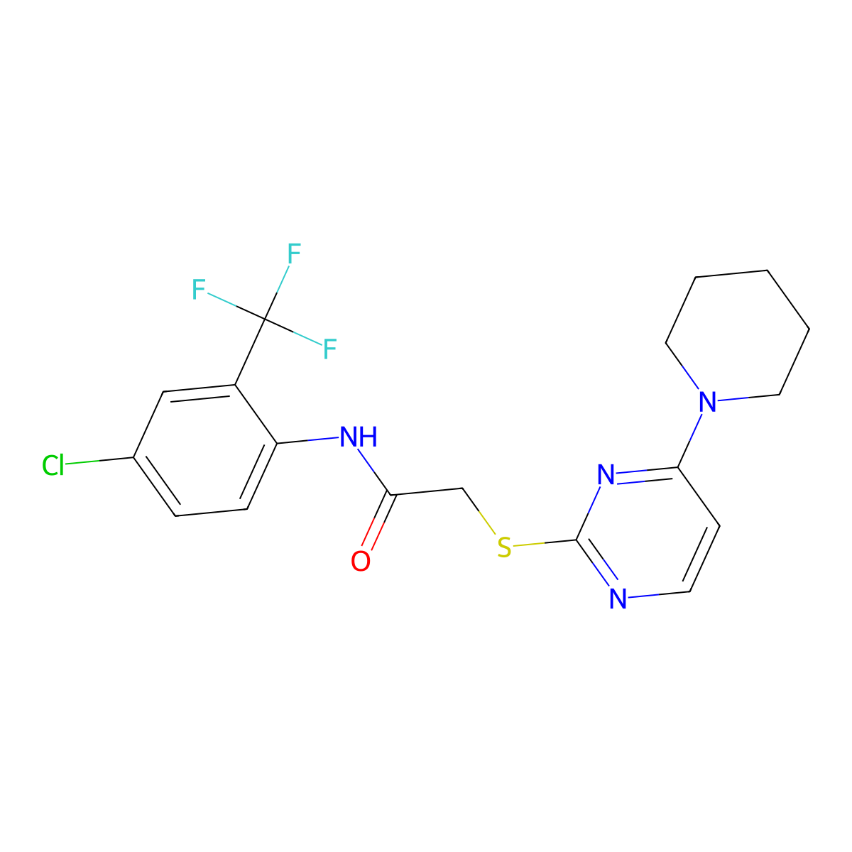 N-(4-chloro-2-(trifluoromethyl)phenyl)-2-((4-(piperidin-1-yl)pyrimidin-2-yl)thio)acetamide molecular structure, CAS 1251625-58-7